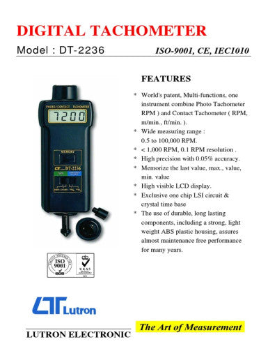 Lutron DT-2236 Multi-Function Digital Tachometer | Photo & Contact RPM/Surface Speed | 0.05% Accuracy