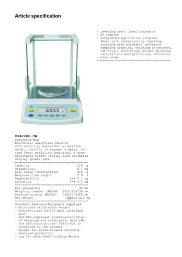 Sartorius BSA224S-CW Analytical Balance with Motorized Calibration