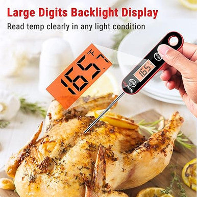 TempPro E30 Digital Meat Thermometer with Long Probe Kitchen Instant Read Cooking Food Thermometer for BBQ Smoker Grilling Oil Deep Fry Candy Thermometer with Large Backlit Display, Black/red