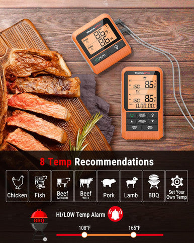 ThermoPro TP826 500FT Wireless Meat Thermometer for Cooking and Grilling, Dual Temperature Probe Food Grill Thermometer with HI/Low Alert& Kitchen Timer, IPX4 Smoker BBQ Thermometer for Oven,Smoking
