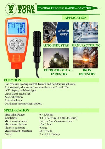 Workzone CoatPro Coating thickness gauge for Ferrous and Non Ferrous metals wire probe