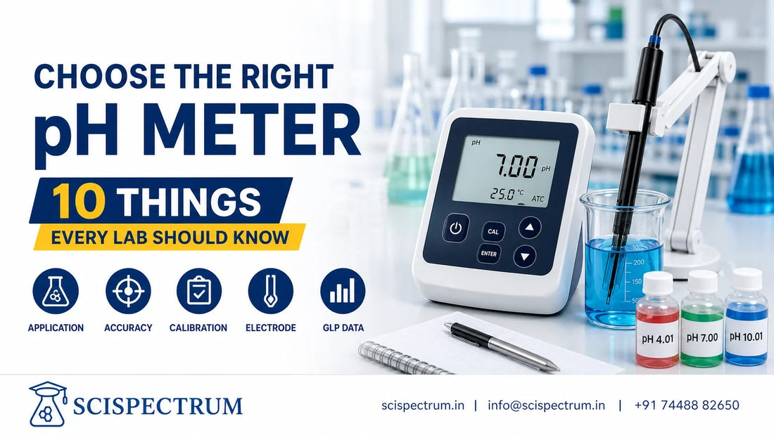 Benchtop pH meter with electrode, buffer solutions, and five key selection factors for laboratory pH meter selection.