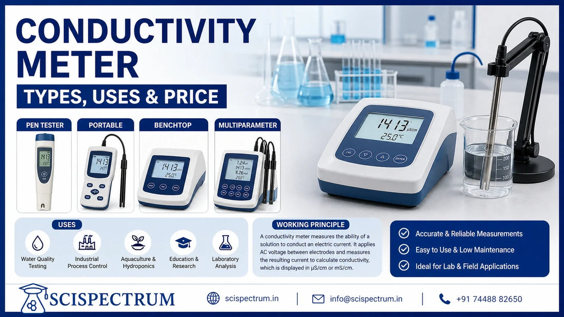 SciSpectrum conductivity meter guide with a realistic bench meter and conductivity probe measuring a water sample.