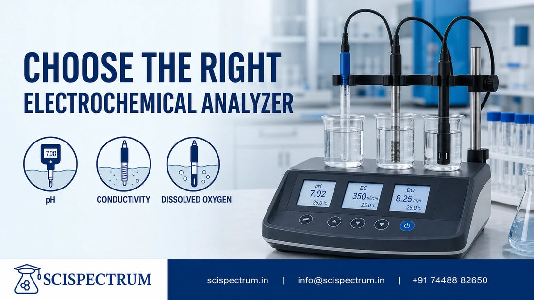 SciSpectrum electrochemical analyzer guide with realistic pH, conductivity and dissolved oxygen probes in water samples.