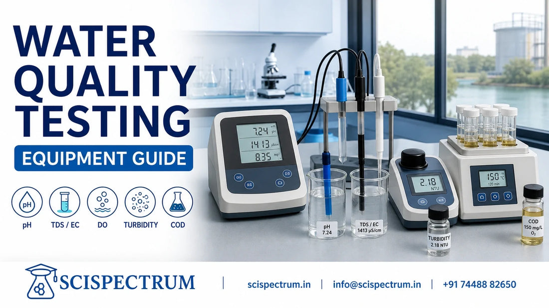 SciSpectrum water-quality equipment guide showing multiparameter, turbidity and COD testing instruments in a modern laboratory.