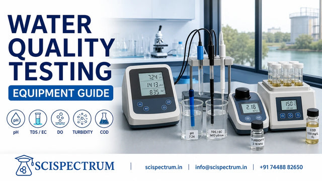 SciSpectrum water-quality equipment guide showing multiparameter, turbidity and COD testing instruments in a modern laboratory.