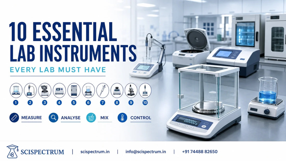SciSpectrum overview of essential laboratory instruments led by an analytical balance in a modern laboratory.