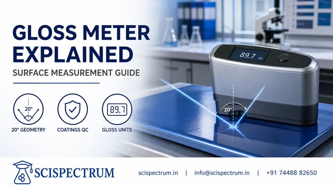 SciSpectrum gloss meter guide showing a 20 degree measurement geometry on a glossy coated surface.