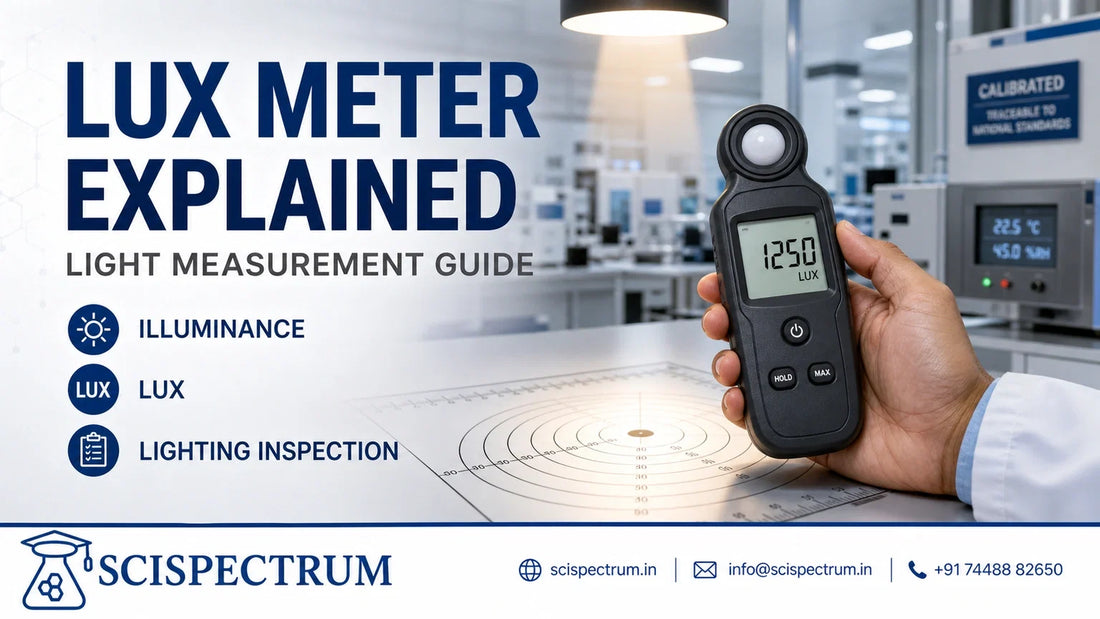 SciSpectrum lux meter guide showing a handheld lux meter measuring illuminance in a laboratory inspection setting.