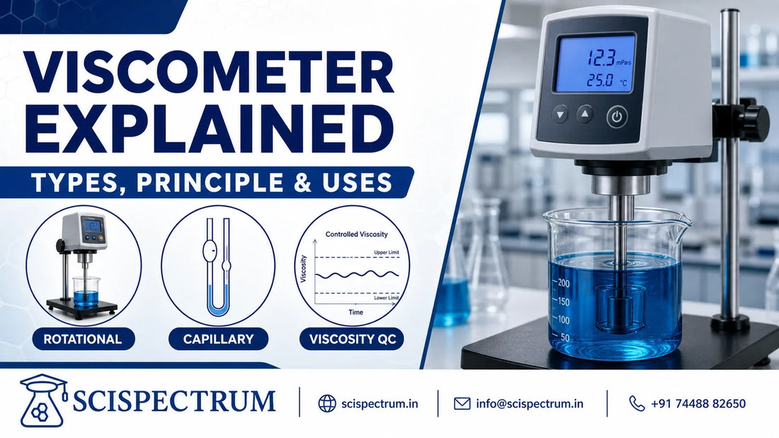 SciSpectrum viscometer guide showing a rotational spindle measuring liquid viscosity and a capillary type reference.