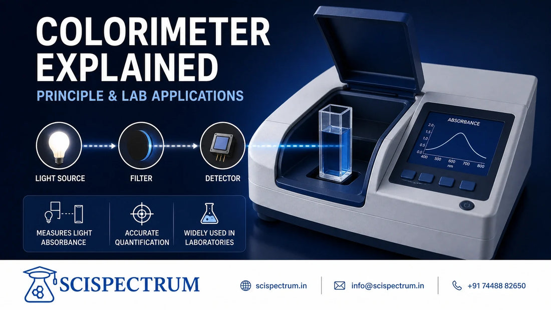 SciSpectrum colorimeter guide showing light, filter, cuvette sample and detector for absorbance measurement.
