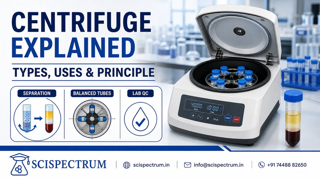 SciSpectrum centrifuge guide showing balanced sample tubes and separated layers in a laboratory centrifuge.