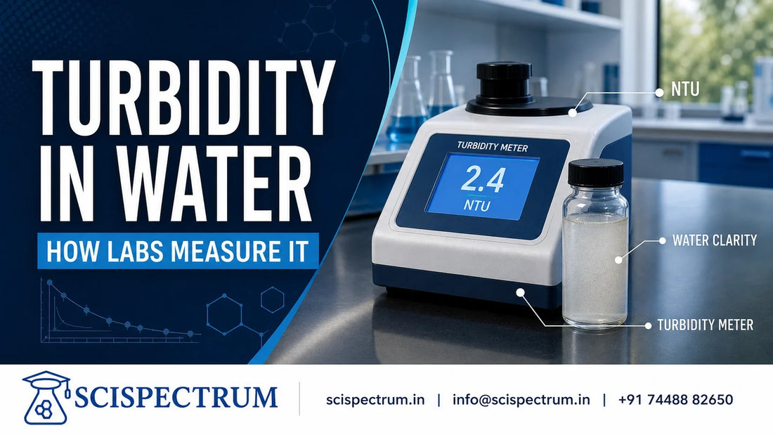 Benchtop turbidity meter measuring a cloudy water sample in NTU.