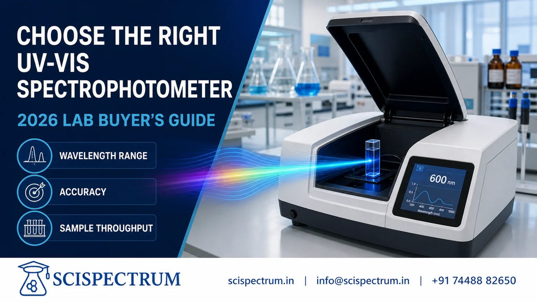 UV-Visible spectrophotometer with quartz cuvette and wavelength-selection visual in a laboratory.