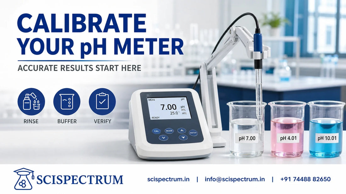 pH meter calibration using pH 7, 4 and 10 buffer solutions.