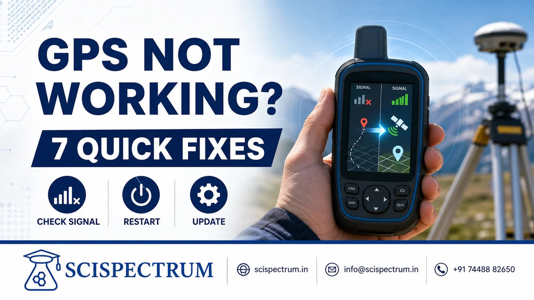 Handheld GPS device showing signal troubleshooting steps.
