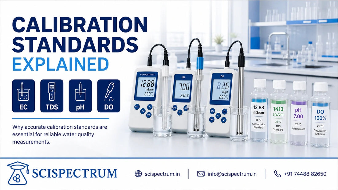 EC, TDS, pH and dissolved oxygen meters with calibration standards in a water-testing laboratory.