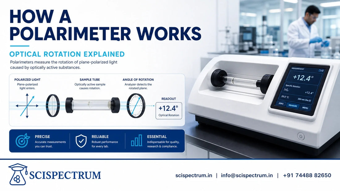 Automatic polarimeter with sample tube and an optical-rotation light-path explainer.