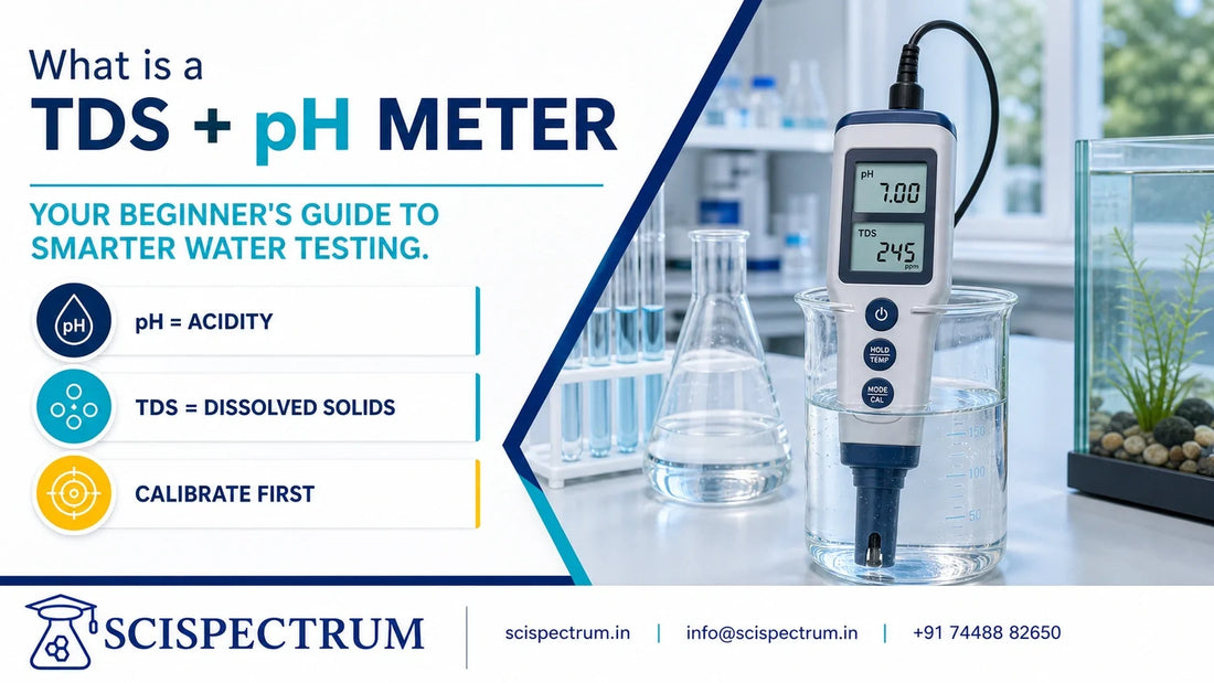 Combination TDS and pH meter measuring dissolved solids and pH in a clear water sample.