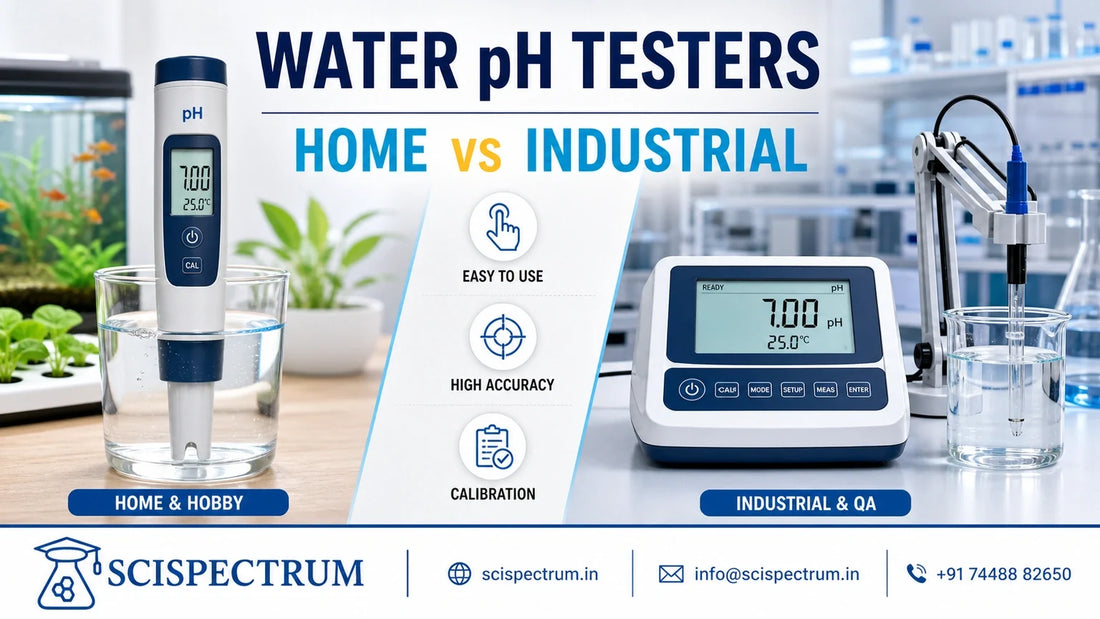 Compact home pH tester and benchtop industrial pH meter measuring water samples side by side.