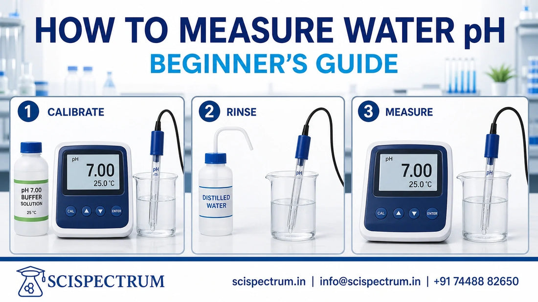 Three-step water pH measurement guide showing calibration, rinsing and measurement with a digital pH meter.