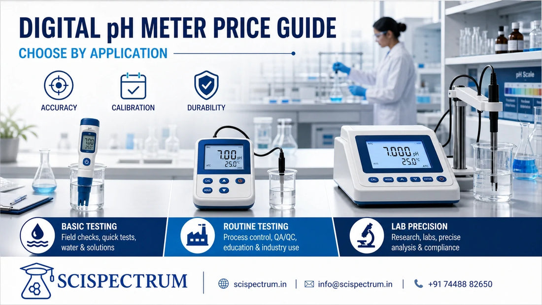 Digital pH meter options arranged by basic testing, routine testing and laboratory precision applications.