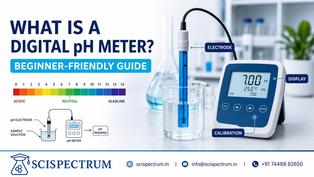 Digital pH meter with electrode, display, pH scale and calibration explainer.