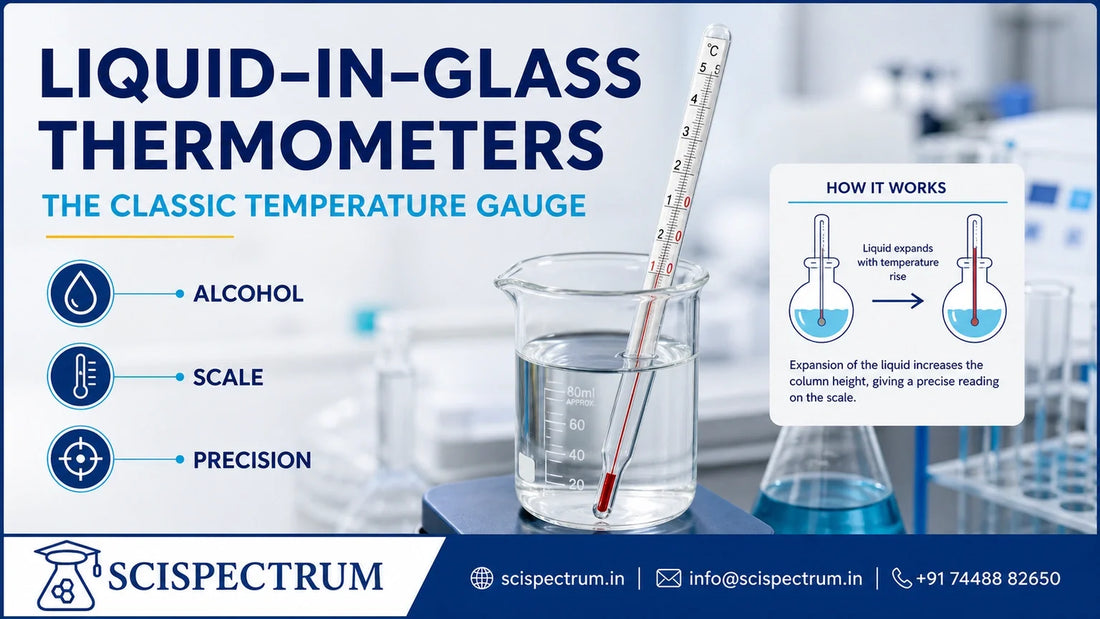 Liquid-in-glass alcohol thermometer with scale and temperature-expansion explainer.
