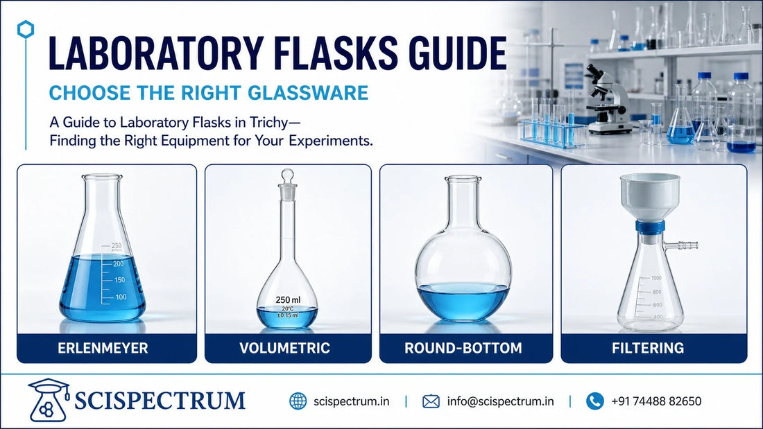 Erlenmeyer, volumetric, round-bottom and filtering laboratory flasks in a glassware guide.
