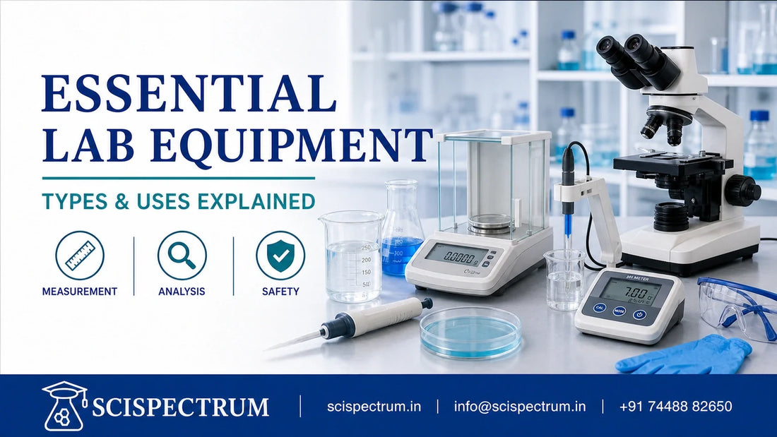 Essential laboratory equipment including microscope, analytical balance, pH meter and pipette on a clean lab bench.