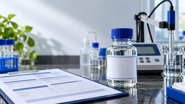 A pH buffer bottle beside a certificate, pH meter and electrode on a laboratory bench.