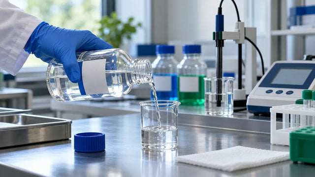 A gloved analyst pours a small amount of calibration buffer into a clean beaker beside a pH meter.