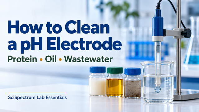 Illustration of a pH electrode held in cleaning solution beside separate protein, oil and wastewater sample containers.