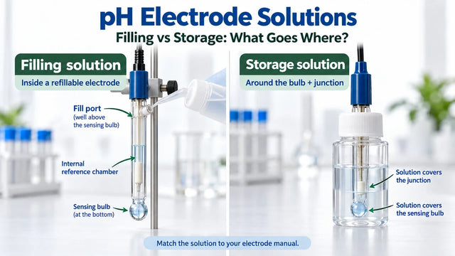 Two illustrated pH electrodes show filling solution used inside a refillable electrode and storage solution around the sensing tip.