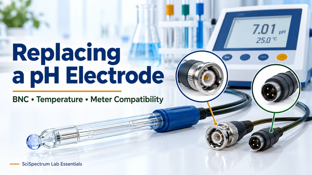 Illustration of a pH electrode, BNC connector and separate temperature connection beside a laboratory pH meter.