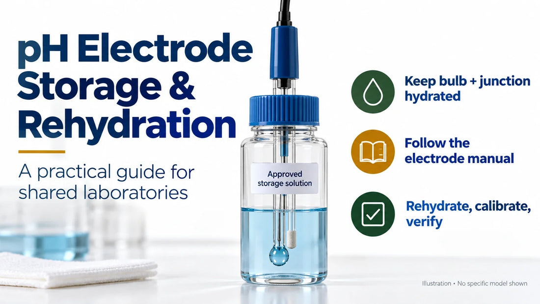 Illustrated pH electrode stored with its bulb and reference junction immersed in approved storage solution, beside three storage and recovery reminders.