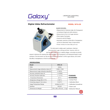 GALAXY WYA-2S Digital Abbe Refractometer: 1.3000-1.7000 nD, 0-100% Brix, ATC