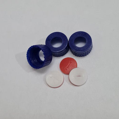 Blue screw cap with non-bonded pre slit, Red &amp; White PTFE Silicone septa (9mm) Thickness: 1mm 100 Per Pack