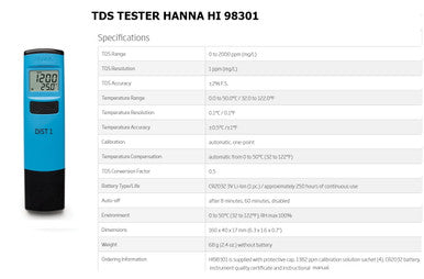 HANNA DIST 1 HI 98301 Digital TDS Tester | 0-2000 ppm Range | Automatic Calibration & ATC