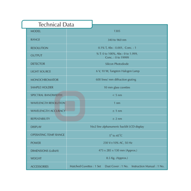 EI 1305 Microprocessor Visible Spectrophotometer | RS232, 340-960 nm