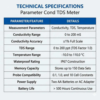 Parameter Cond TDS Model CONWP15003K  Range 0-200ms/200ppt Memory 150 Powered by Main/Battery