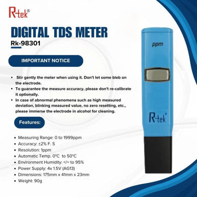 RTEK Digital TDS Meter RK-98301 | High Accuracy Water Quality Tester 0-1999ppm