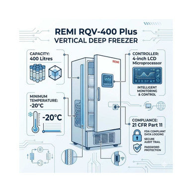 REMI RQV-400 Plus Vertical Deep Freezer - 400 Litre, LCD Microprocessor, -20°C Lab Storage