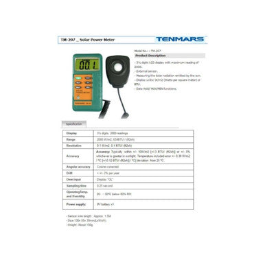 Tenmars TM-207 Digital Solar Power Meter for Radiation & Transmission Measurement