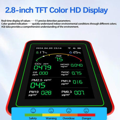 Smart air Quality Monitor Indoor, MT29 Home air Quality Tester with PM, CO2, CO 15-in-1, TVOC, HCHO, PM, AQI,Suitable for Home, School, Hotel,Office,Car(red+Black)