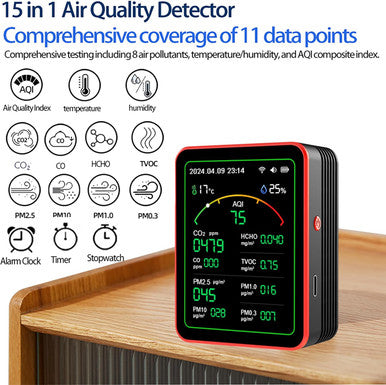 Smart air Quality Monitor Indoor, MT29 Home air Quality Tester with PM, CO2, CO 15-in-1, TVOC, HCHO, PM, AQI,Suitable for Home, School, Hotel,Office,Car(red+Black)
