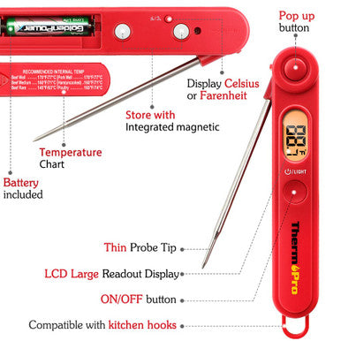 ThermoPro TP03B Digital Instant Read Meat Thermometer Food Candy Cooking Kitchen and Backlight for Oil Deep Fry Smoker Grill BBQ