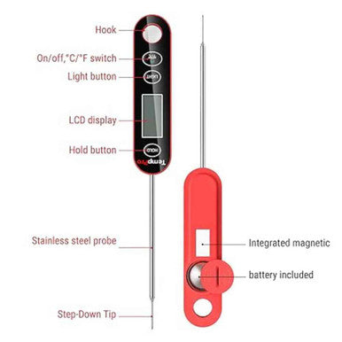 TempPro E30 Digital Meat Thermometer with Long Probe Kitchen Instant Read Cooking Food Thermometer for BBQ Smoker Grilling Oil Deep Fry Candy Thermometer with Large Backlit Display, Black/red