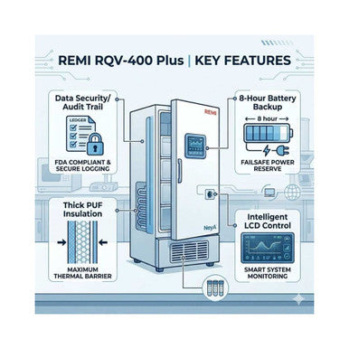 REMI RQV-400 Plus Vertical Deep Freezer - 400 Litre, LCD Microprocessor, -20°C Lab Storage