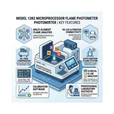 EI Microprocessor Flame Photometer Model 1382: Na & K Analyzer with 5-Point Curve Calibration
